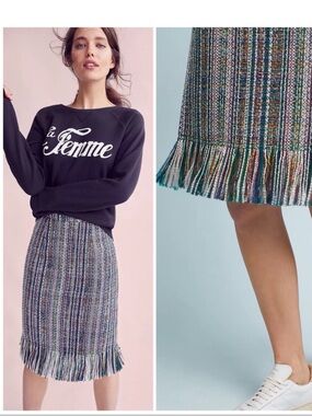 Maeve Anthropologie Skirt Womens 4 Multicolor Tweed Fringe Hem Knee Length